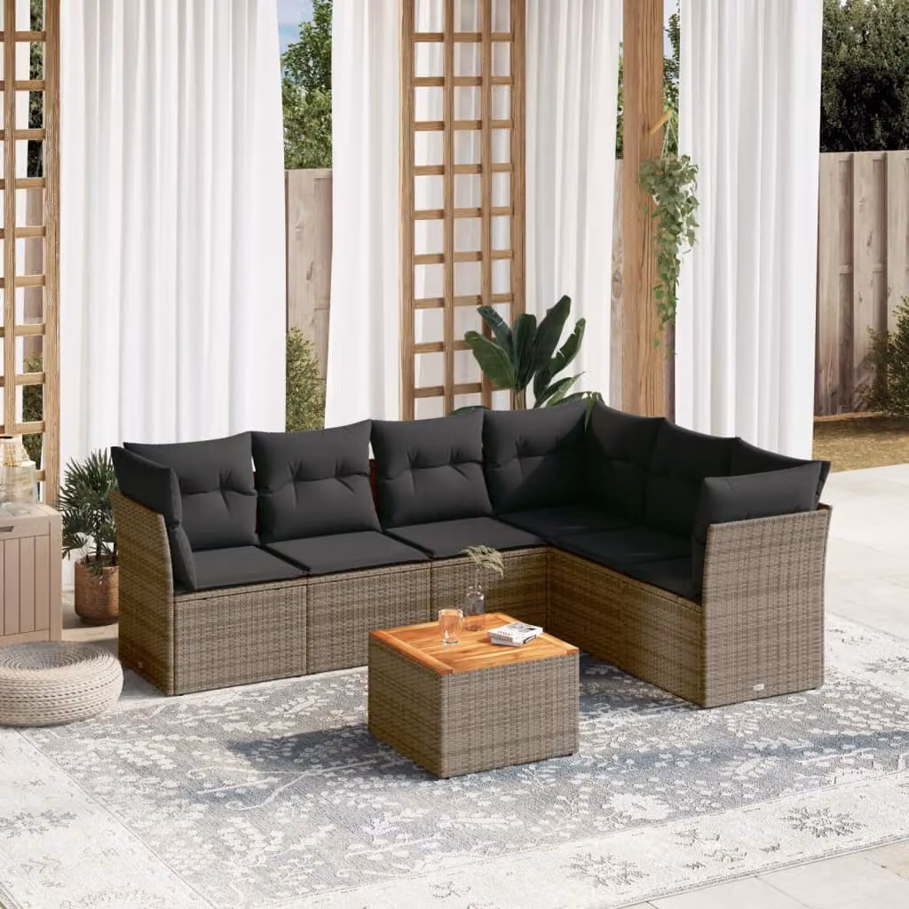 vidaXL Set Divani da Giardino 7 pz in Polyrattan Grigio con Cuscini e Tavolino da Caffè – 1