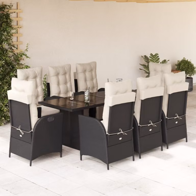 Set da Pranzo da Giardino vidaXL 9 pz in Polyrattan Nero con Cuscini e Tavolo in Vetro