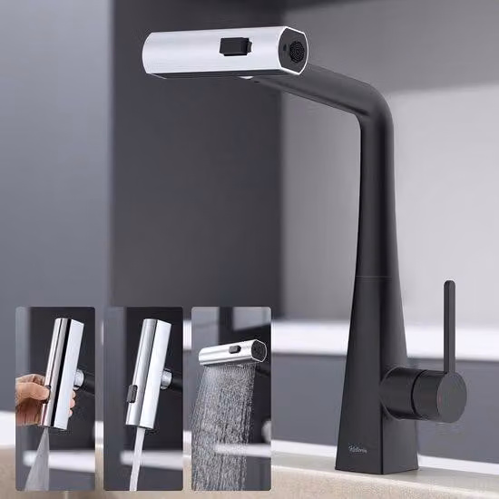 Rubinetto da cucina con 3 getti d'acqua, orientabile a 360°, in acciaio inossidabile, nero