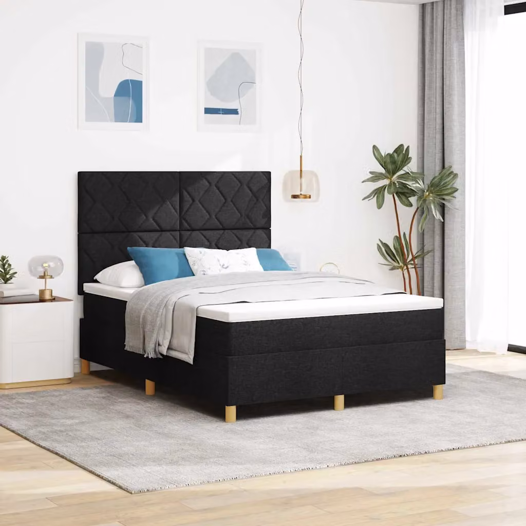 Letto a molle con testiera vidaXL in tessuto nero L 140 x P 190 cm