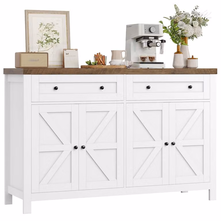 Mobile contenitore da 140 cm di larghezza, con 2 cassetti e 4 ante, colore bianco