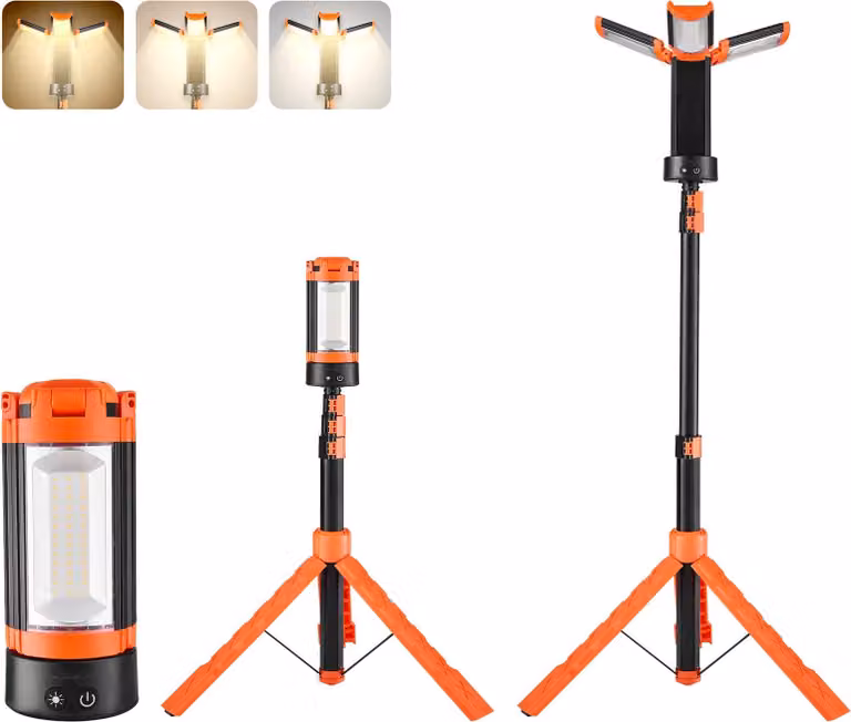 Faretto LED da cantiere - Lampada da lavoro a batteria - Tre teste lampada - Luminosità 2200 lm - Temperatura colore 3000–6500 K - Dimmerabile - Batteria 10 Ah - Treppiede rimovibile