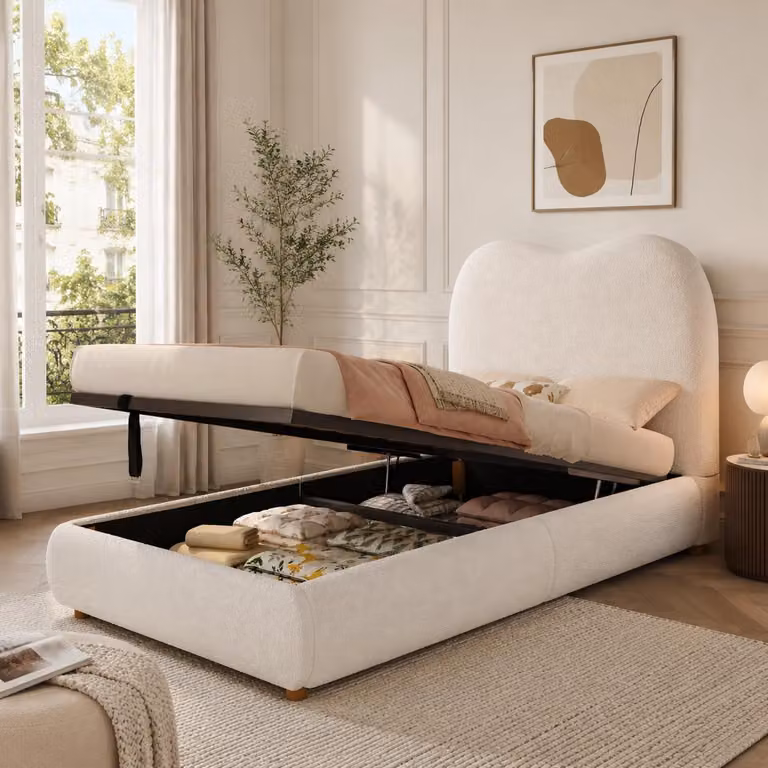 Letto imbottito 90x200 cm con spazio contenitore ad apertura idraulica, rete a doghe e testiera imbottita da 11 cm, rivestito in tessuto bouclé, colore beige
