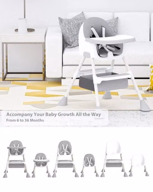 Sedia per Bambini 2 in 1 - Color Grigio - Utilizzabile a partire dai 6 mesi - Con Supporto per i Piedi - Cassetti Rimovibili Doppio