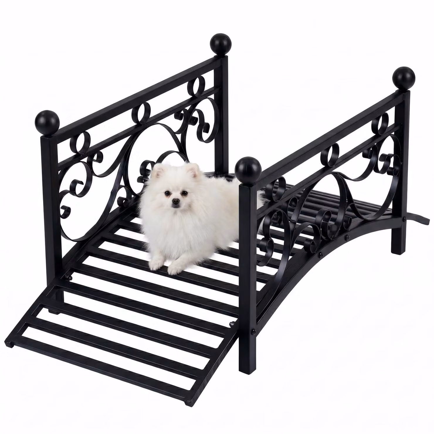Ponte ad arco in metallo KOMFOTTEU, ponte per laghetto con ringhiera decorata, capacità portante fino a 150 kg, stabile e resistente agli agenti atmosferici, ponte ornamentale resistente alle intemperie per giardino, laghetto e ruscello, colore nero