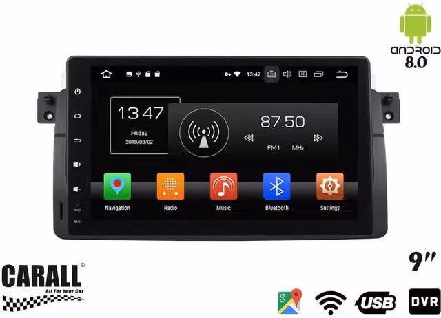 Autoradio Android Carall da 8,0 pollici per BMW E46 con GPS, Bluetooth, Wi-Fi, USB e SD, colore nero