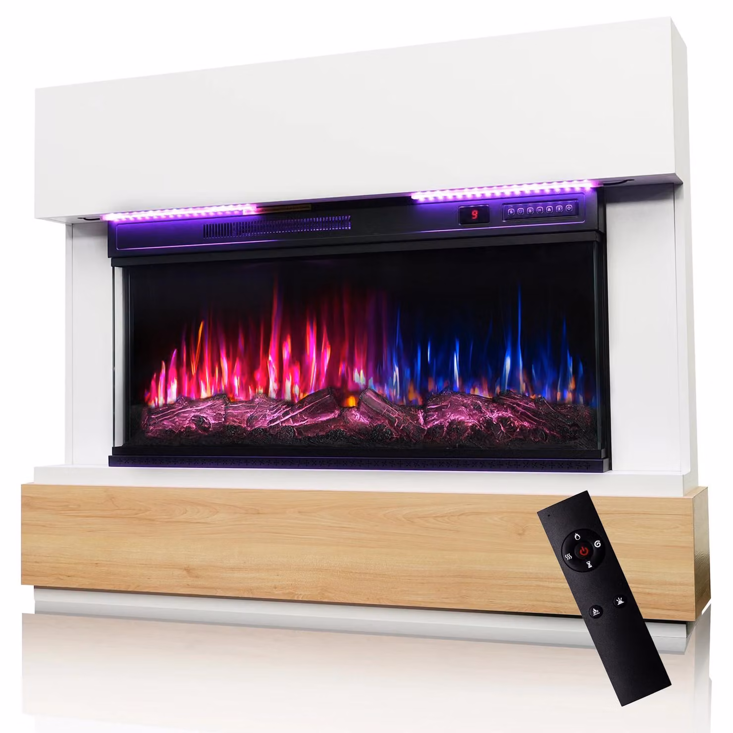 Camino elettrico con mobile - Inserto 91,4 cm - Potenza 1000/2000 W - Fiamma 3D, 12 colori, 5 livelli - LED 20 colori - Telecomando e touch, timer 1-8 ore - Nero