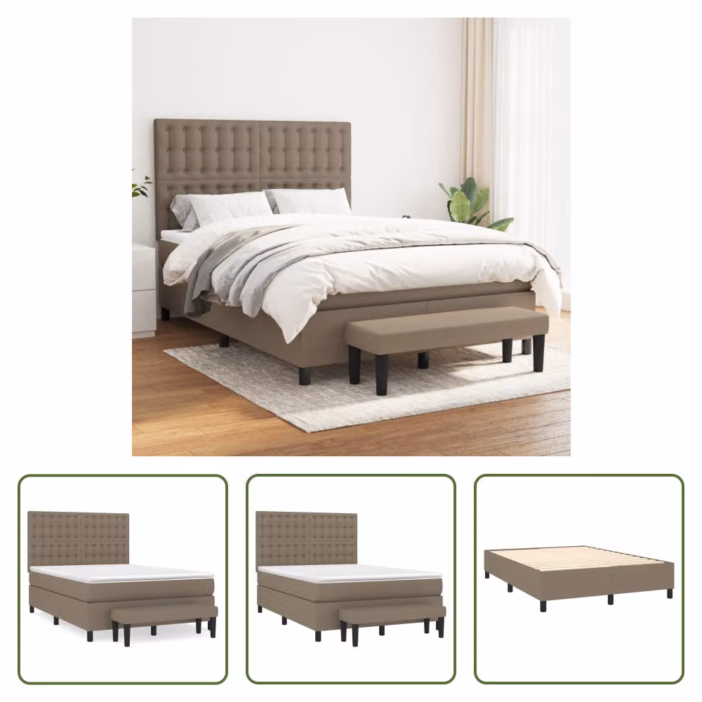 The Living Store Letto a molle con materasso Taupe 140x200 cm in tessuto