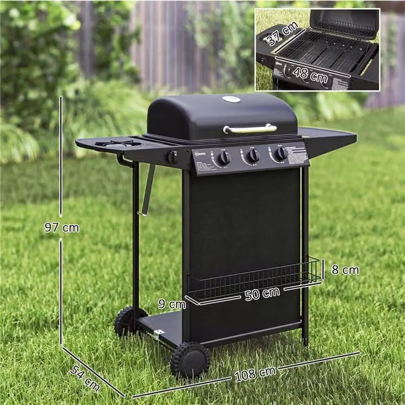 Barbecue a gas con 4 bruciatori indipendenti, coperchio con termometro e pirolitico in acciaio nero, L: 108 cm, P: 54 cm, H: 97 cm – 2