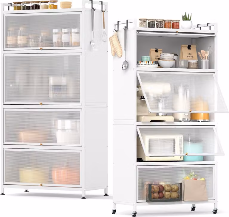 KOMFOTTEU Mobiletto da cucina con rotelle, mobiletto buffet con piedini intercambiabili, mobiletto alto con sportello di visualizzazione e protezione antiribaltamento, mobiletto multiuso per soggiorno, sala da pranzo (bianco)