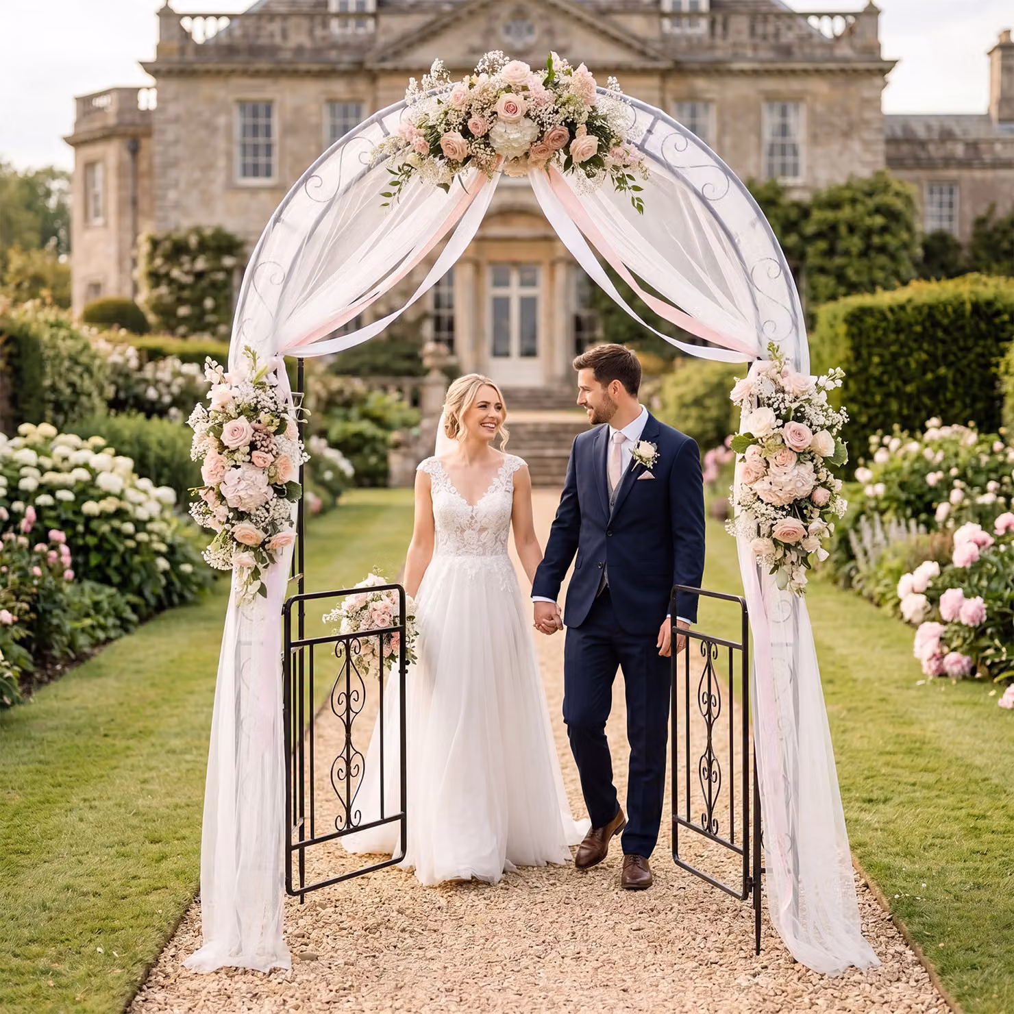 Arco da giardino Costway in metallo nero con doppio cancello e piedini per rose rampicanti e decorazioni ornamentali