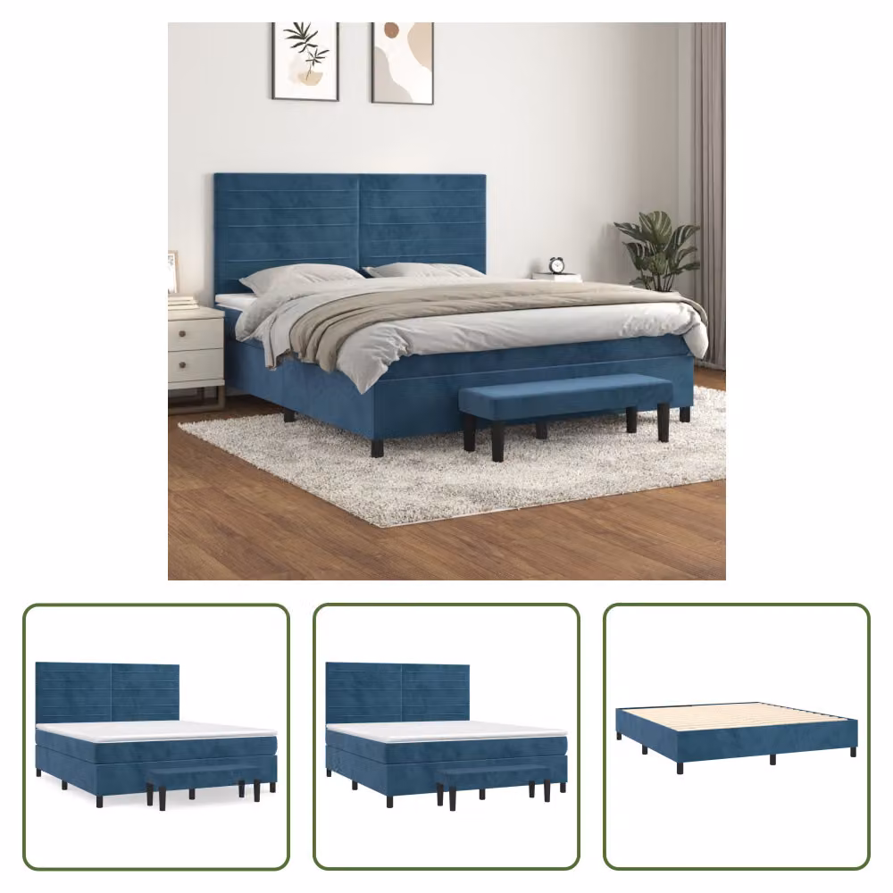 The Living Store Letto a molle con materasso blu scuro 160x200 cm in velluto
