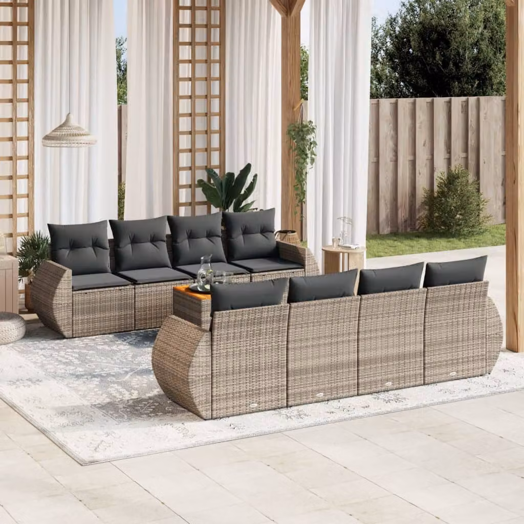 vidaXL Set Divano da Giardino 9 pz in Polyrattan Grigio con Cuscini e Tavolino – 1