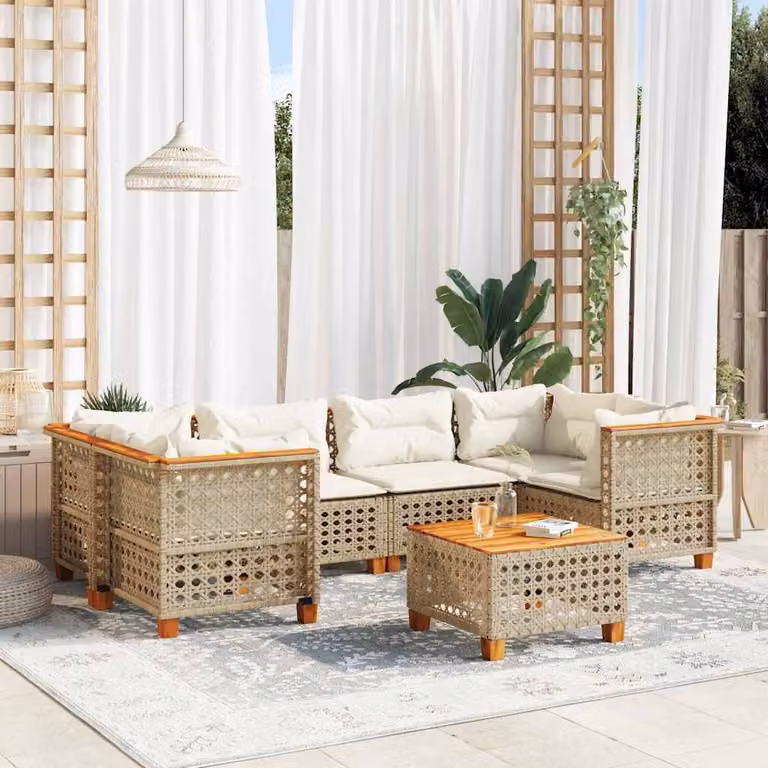 vidaXL Set Divani da Giardino 7 pz in Polyrattan con Cuscini Beige e Tavolino Moderno