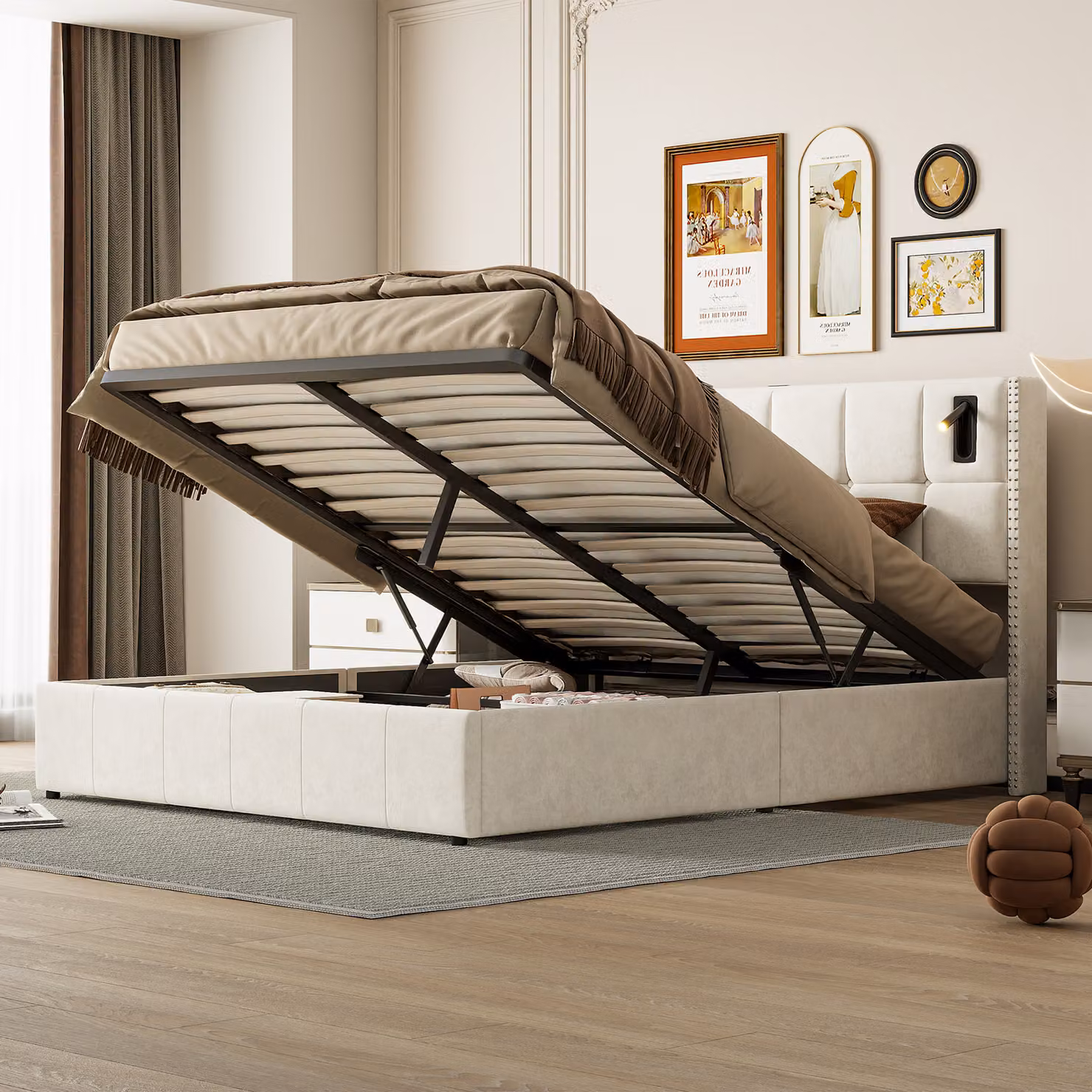 Letto contenitore Moonbite, dimensioni 160x200 cm, sistema idraulico, rete a doghe, testiera imbottita con USB e illuminazione LED