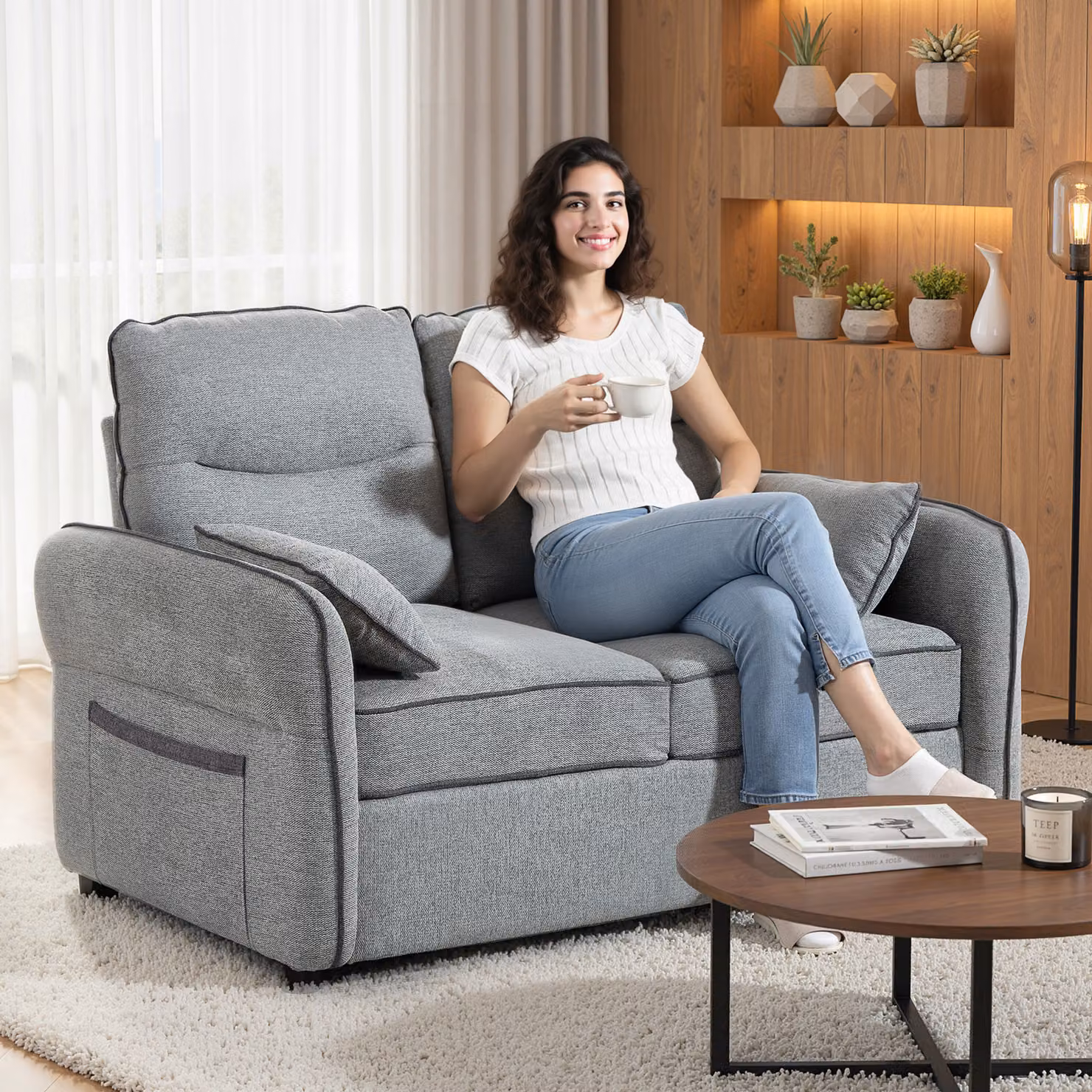 Divano HOMCOM a 2 posti in velluto egiziano con 2 cuscini e tasca laterale, grigio, L: 136 cm, P: 81 cm, H: 90 cm – 2