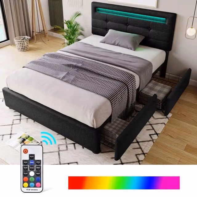Letto con cassettoni e luci LED - Xylo - 90x200 cm - Nero