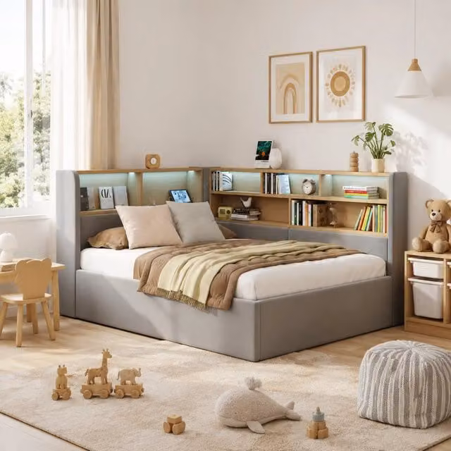 Letto singolo 90x200 cm con contenitore idraulico; LED; USB e USB-C in velluto grigio