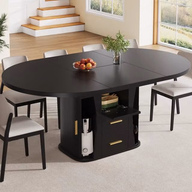 Tavolo da pranzo rotondo allungabile da 118 a 158 cm in MDF nero con contenitore fino a 6 posti