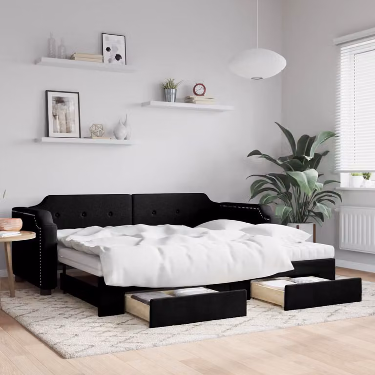 vidaXL Divano Letto Estraibile con Cassetti in Tessuto Nero L: 200 cm, P: 100 cm, H: 66.5 cm