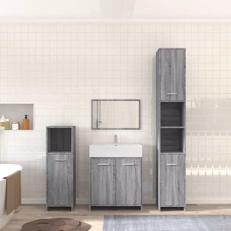 Set di mobili da bagno vidaXL 4 pezzi in legno multistrato grigio con base lavabo, mobiletto laterale, colonna alta e armadietto con specchio