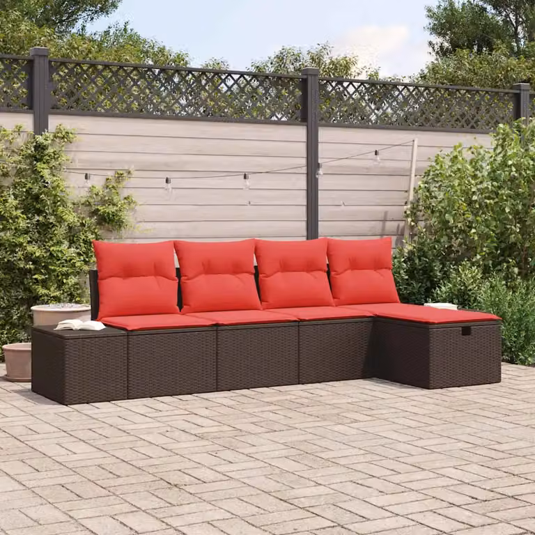 Set Divano da Giardino vidaXL 5 pz in Polyrattan Marrone con Cuscini e Copertura per Esterno
