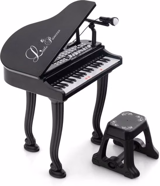 Pianoforte giocattolo multifunzionale con 37 tasti, sgabello e microfono, tastiera portatile per bambini in plastica, colore nero