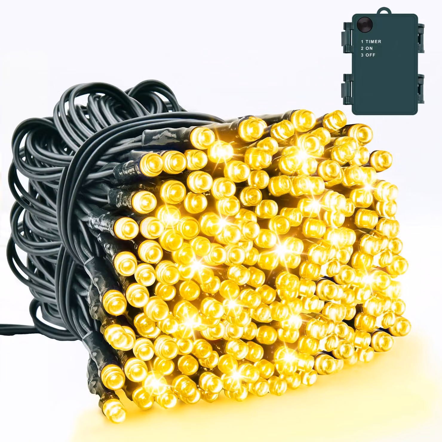 Catena luminosa da 10 metri, 100 LED, luce bianco caldo, con timer, grado di protezione IP65, alimentazione a batteria