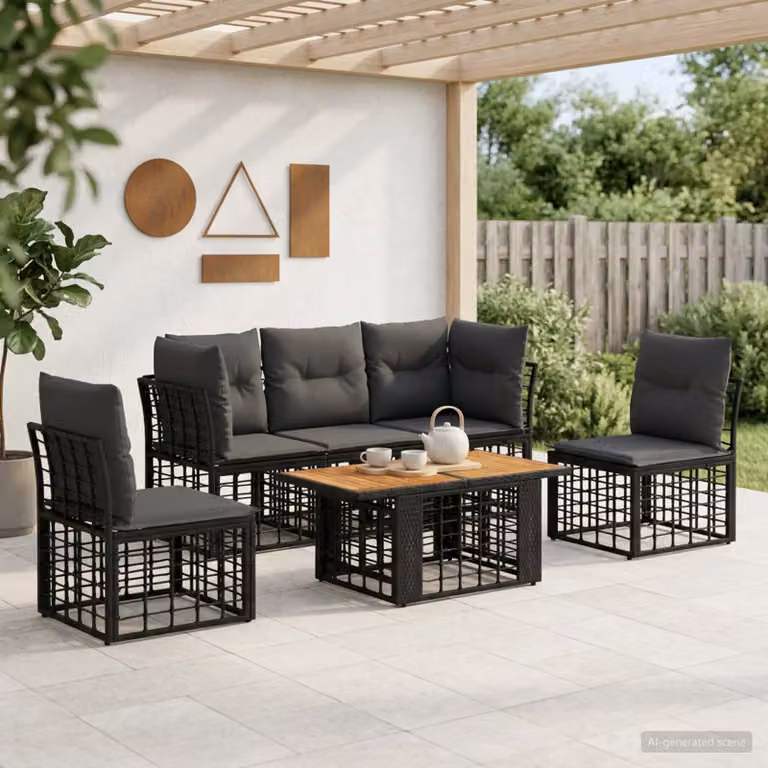 Set Divano da Giardino vidaXL a Forma di L in Polyrattan con Tavolino e Cuscini, Nero e Grigio