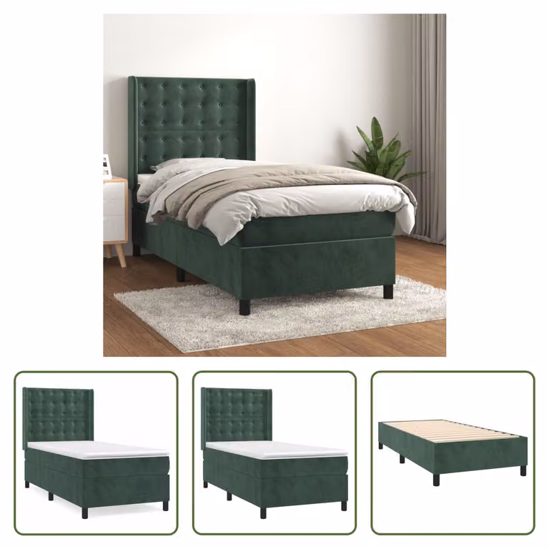 The Living Store Letto a molle con materasso verde scuro 80x200 cm in velluto