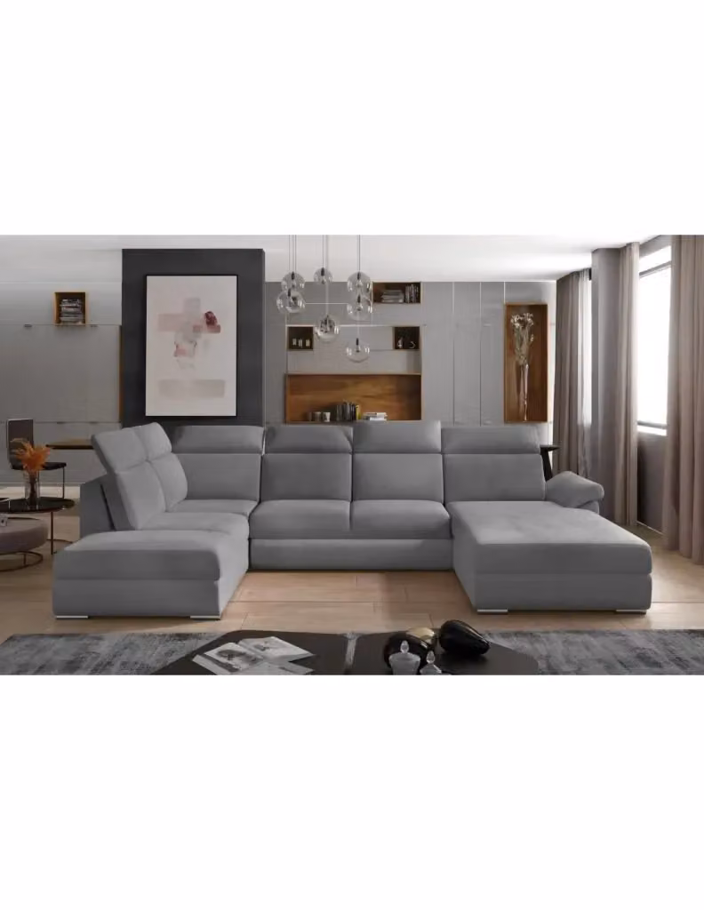 Divano panoramico convertibile MAJESTA di MEUBLORAMA, modello a 5 posti con angolo destro, colore grigio, con contenitore e funzione letto, L 336 cm x P 102 cm x H 76 cm – 2
