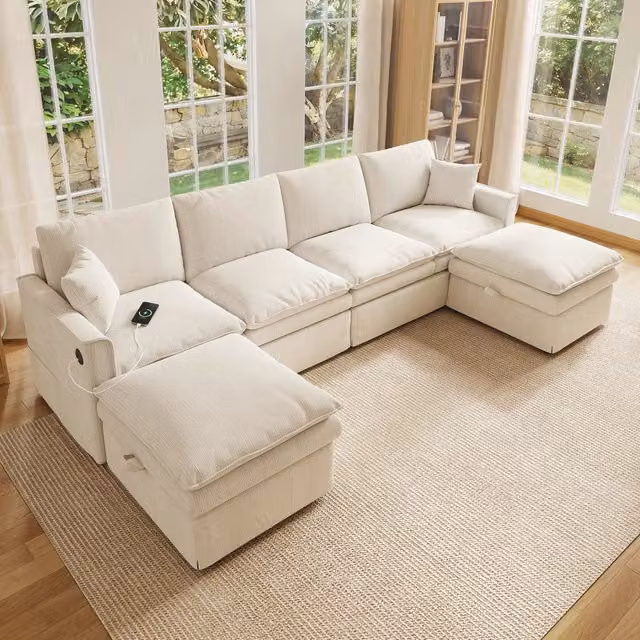 Divano modulare 6 posti 277x135x80 cm a forma di U o L con pouf contenitore in cotone lino beige