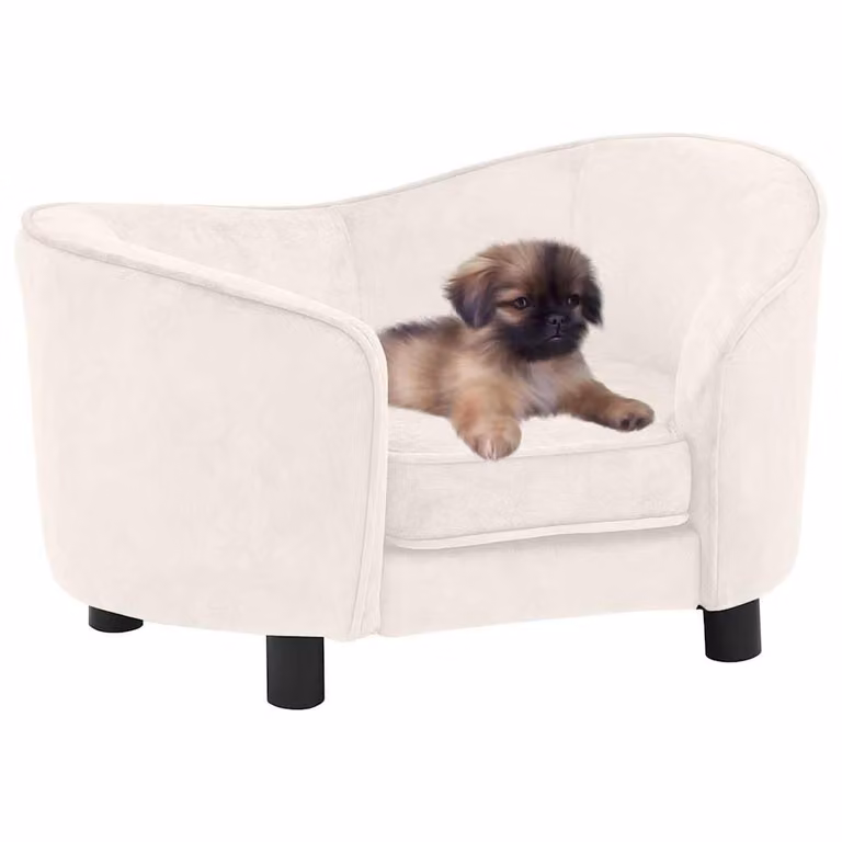 Divano per cani vidaXL in velluto beige e bianco con struttura in legno e copertina rimovibile L: 69 cm, P: 49 cm, H: 40 cm