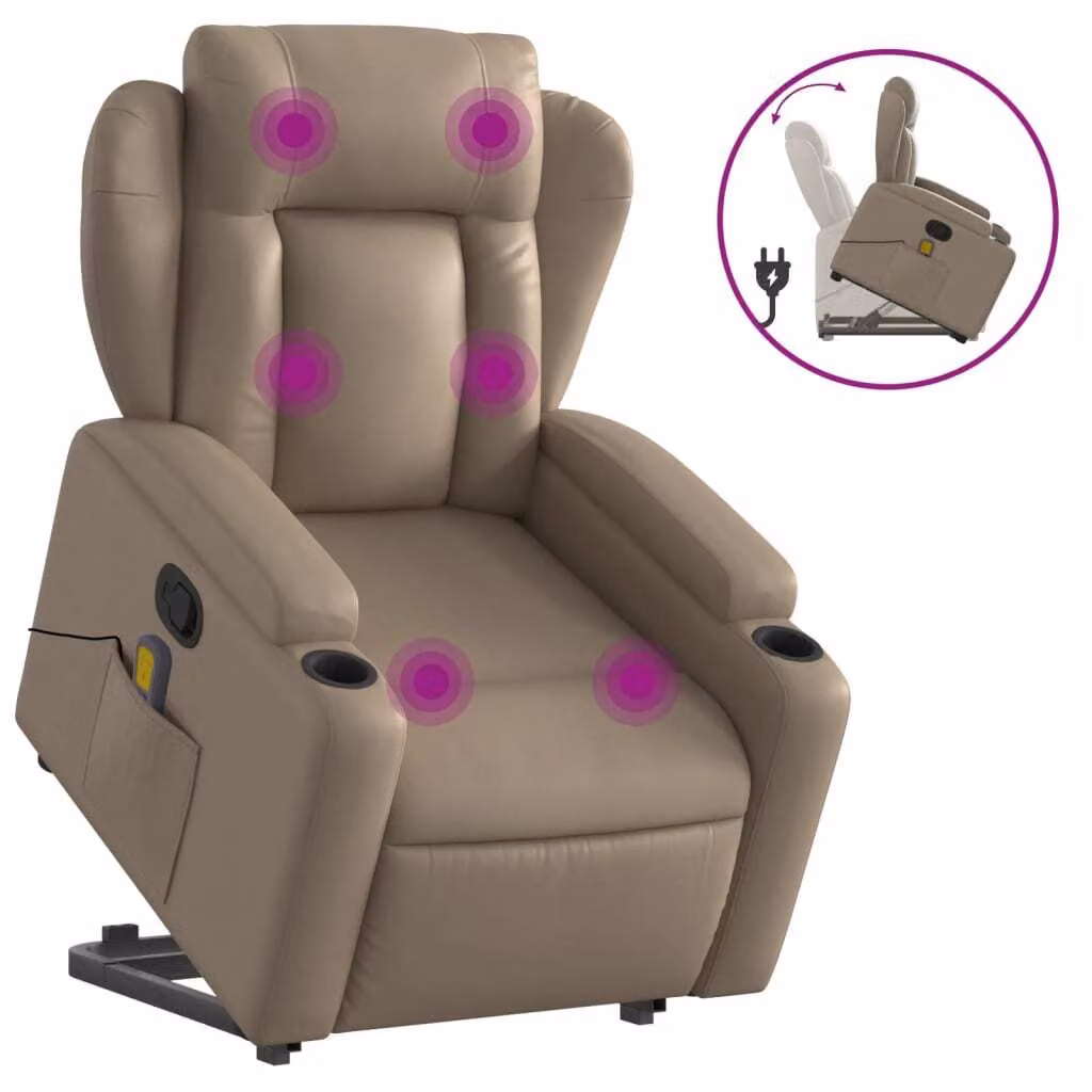 Poltrona Alzapersone Massaggi Reclinabile Cappuccino Pelle finta