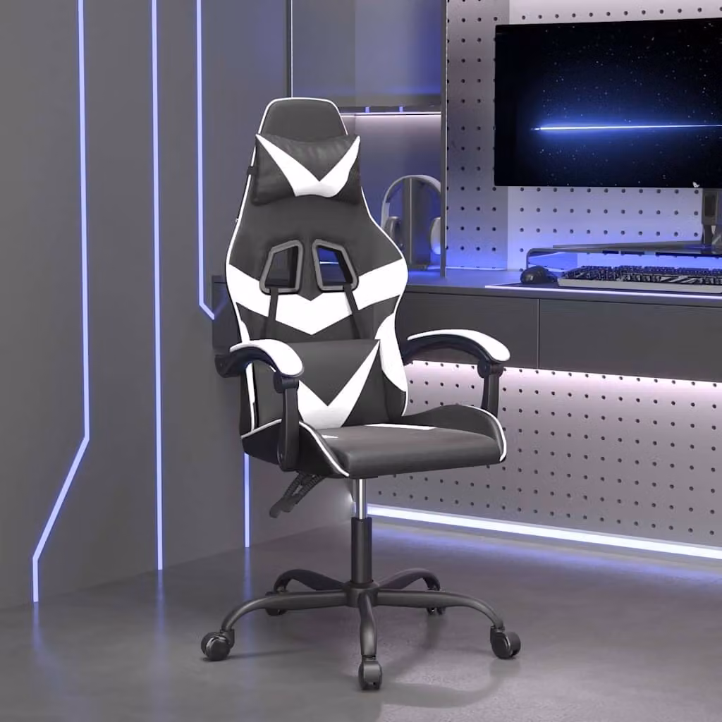 Sedia da Gaming vidaXL in Similpelle Nero e Bianco con Poggiatesta e Ruote, Design Sportivo e Ruotante a 360 Gradi