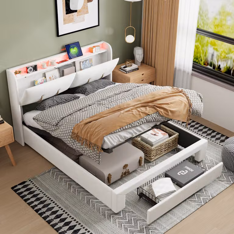 Letto imbottito ProximaX 160x200cm con rete a doghe, letto a molle idrauliche con contenitore, letto contenitore letto matrimoniale con testiera contenitore，USB e LED, vellutato, beige