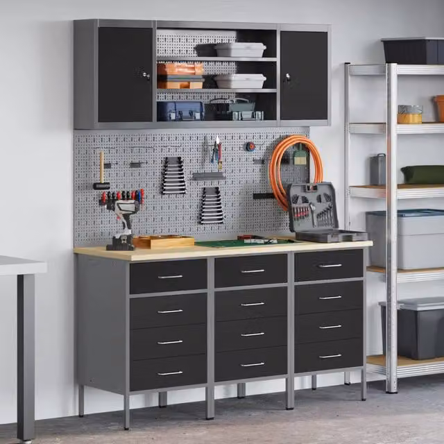 Set da lavoro vidaXL composto da 7 pezzi in legno ingegnerizzato e acciaio, colore nero, con chiusura di sicurezza