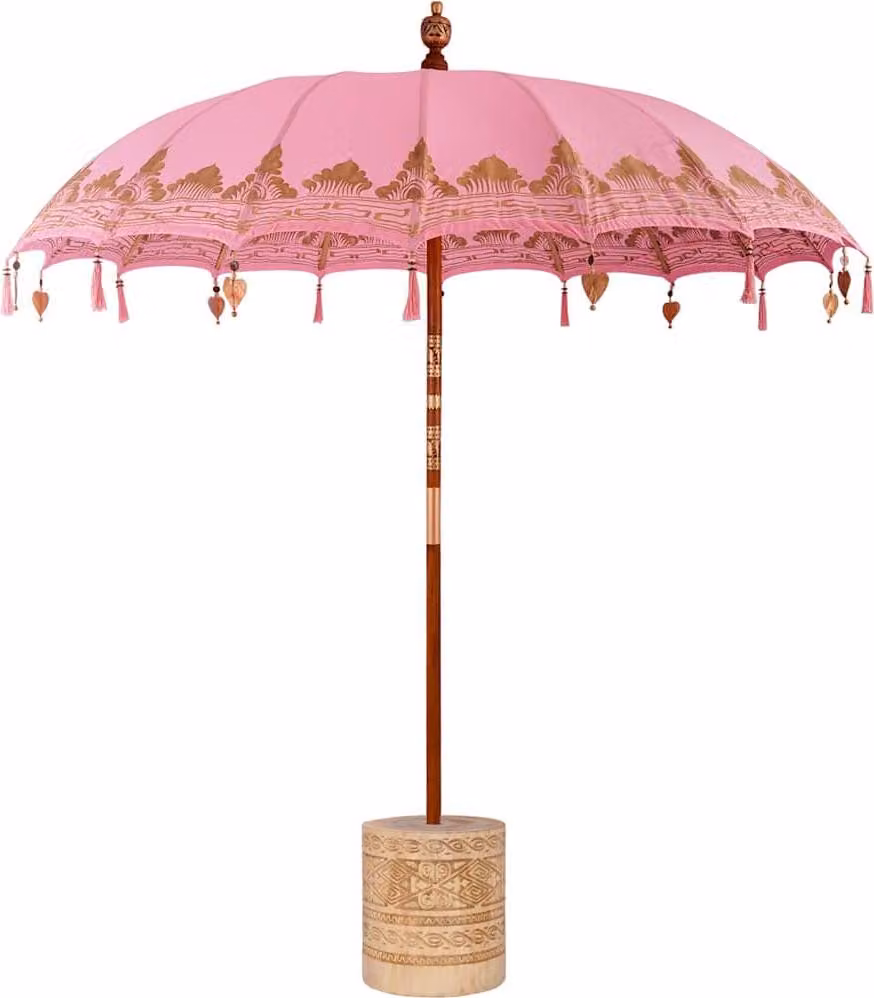 Ombrellone balinese con base, colore rosa, dimensioni 215 x 215 x 260 cm