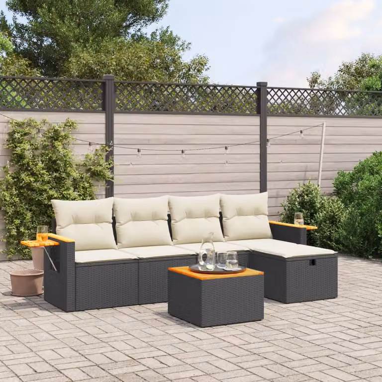 vidaXL Set Divano da Giardino a L con 6 Pezzi, Polyrattan e Struttura in Acciaio Verniciato a Polvere, Nero e Bianco con Cuscini Inclusi