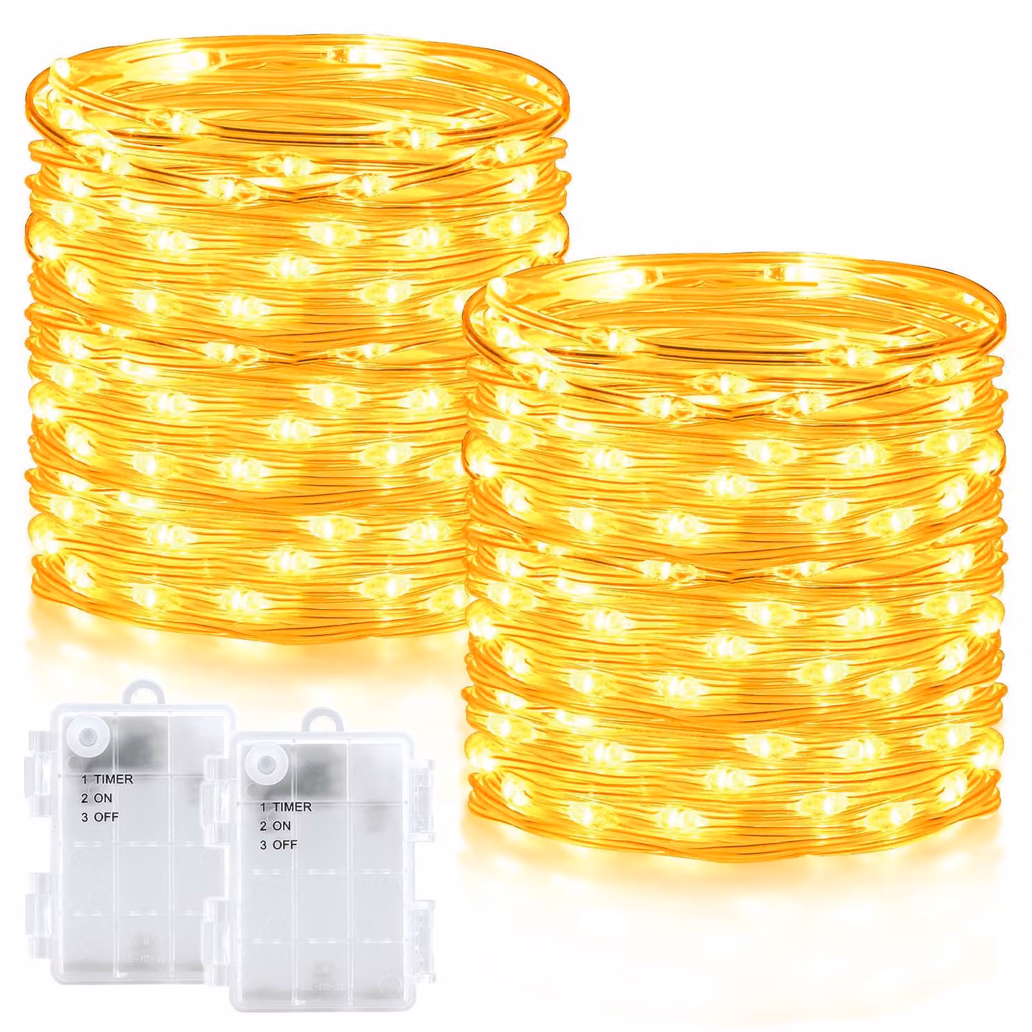 Set di 2 catene luminose, lunghezza 10 metri, 100 LED bianco caldo, grado di protezione IP65, con timer, per uso esterno