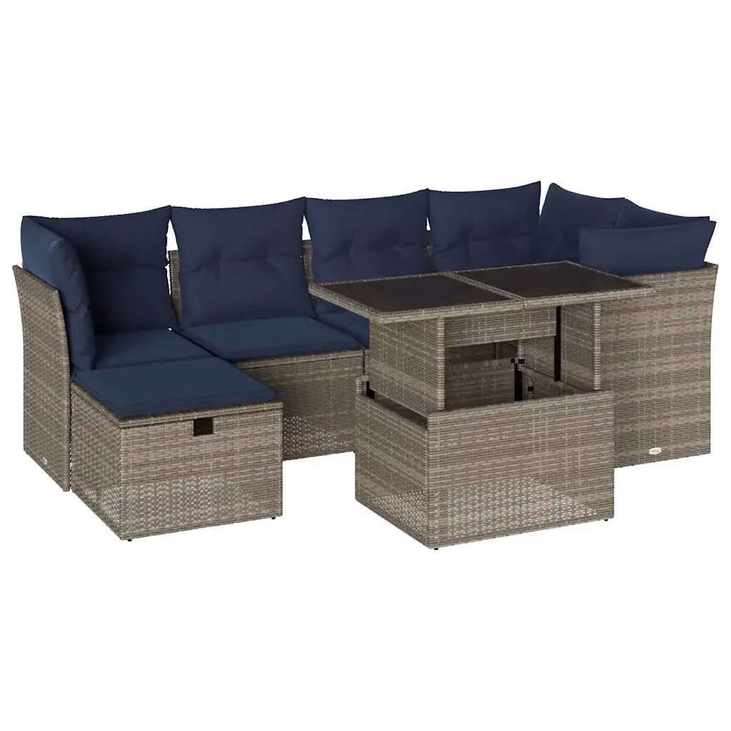 Set da giardino moderno vidaXL in polyrattan composto da 7 pezzi con cuscini grigi e blu e tavolino da esterno – 2
