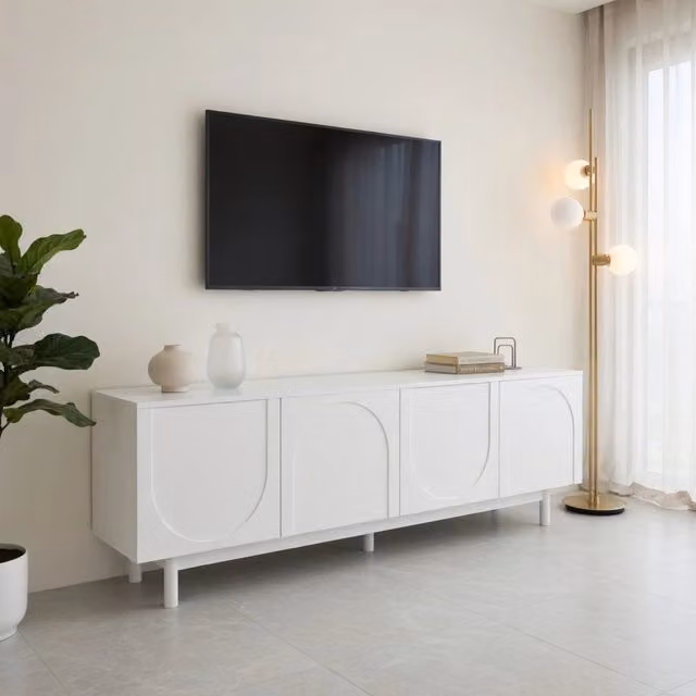 Cassettiera TV moderna KOMHTOM bianca in legno con vani porta media L: 175 cm, P: 38 cm, H: 56 cm – 1