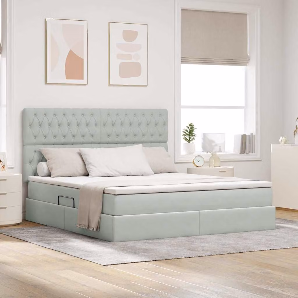 Letto con contenitore e illuminazione LED vidaXL in velluto grigio, L/P/H: 180 x 200 x 128 cm – 1