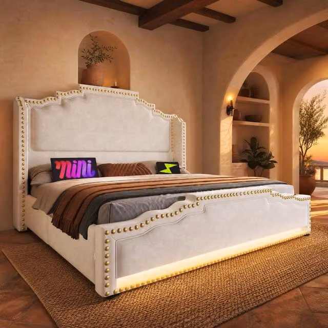 Letto matrimoniale ULEVR 160x200 cm con 4 cassetti, LED, USB e Type-C, velluto beige