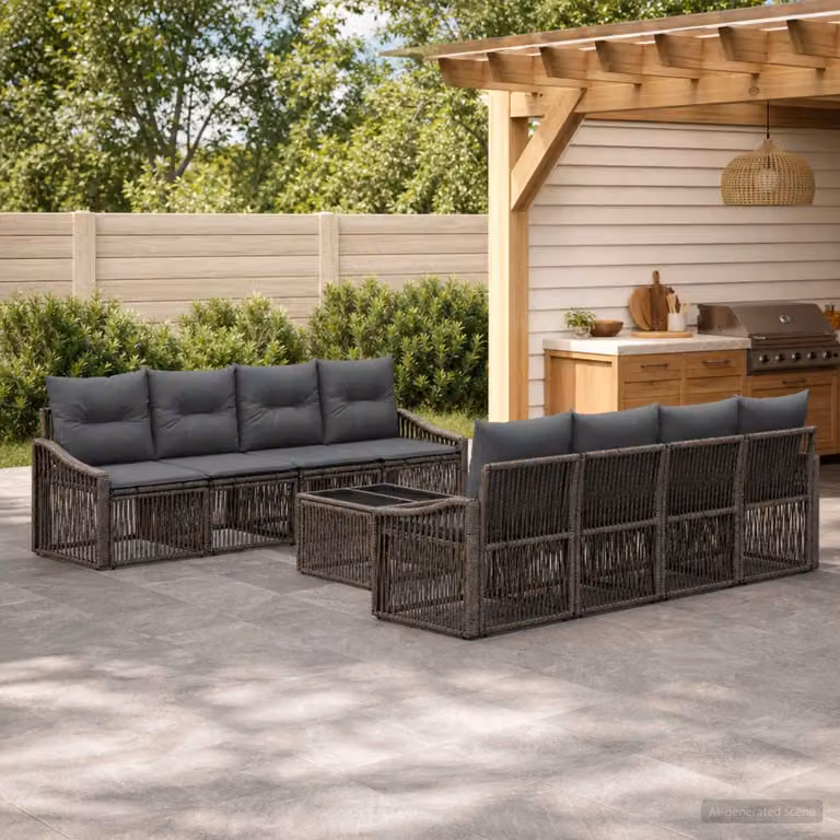 Set Divano da Giardino vidaXL 9 pz in Polyrattan Grigio con Cuscini e Tavolino