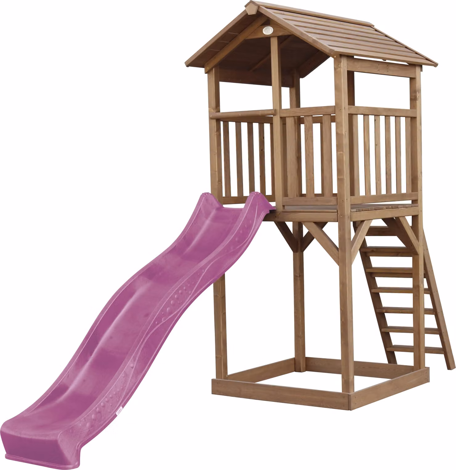 AXI Beach Tower parco giochi in legno in marrone | Torre di gioco per bambini con sabbiera e scivolo viola | Casa per bambini su palafitte per il giardino