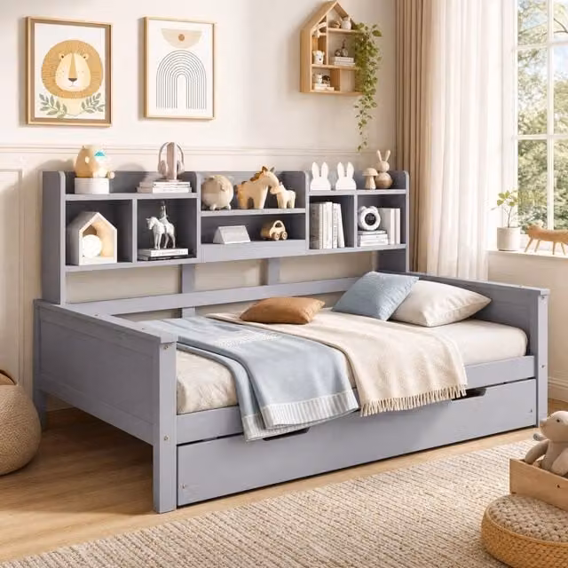 Letto Mivray con letto estraibile e vani contenitore in legno di pino grigio L/P/H: 205 x 90 x 120 cm
