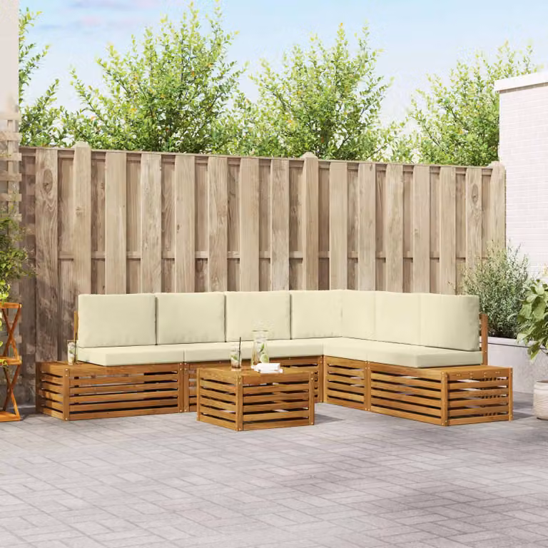 Set di divani da esterno vidaXL a forma di L in legno di acacia con cuscini, colore beige, bianco e marrone