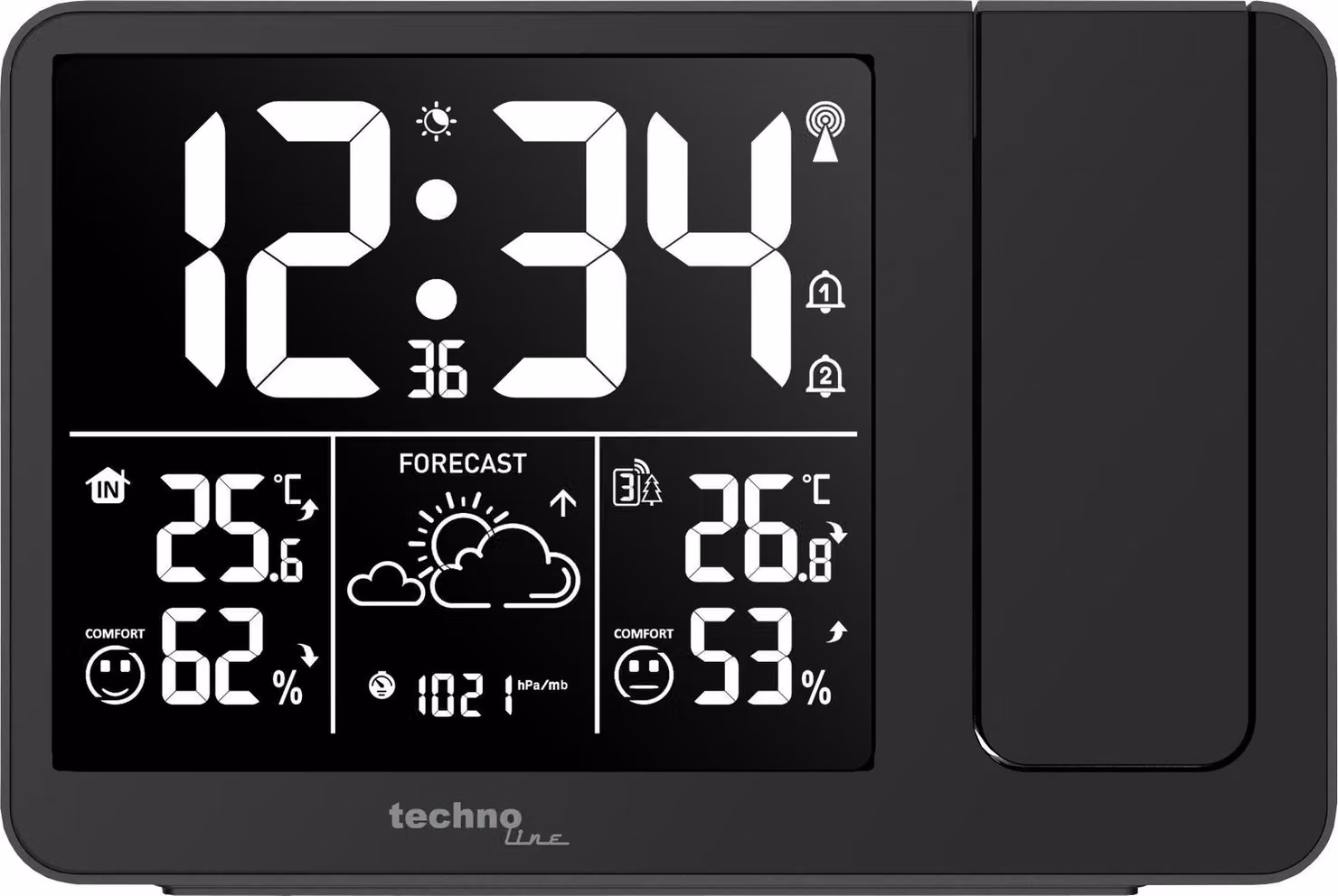 technoline WT548 sveglia a proiezione | previsioni del tempo | possibilità di sincronizzare fino a 3 trasmettitori esterni | visualizzazione della pressione dell'aria | tendenza meteo