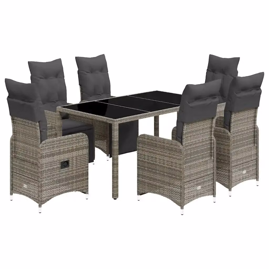 Set Bistrò da Giardino e Balcone vidaXL in Polyrattan e Metallo con Cuscini e Tavolo in Vetro Grigio, 7 Pezzi – 2